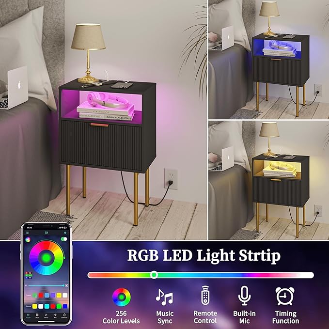 Modern Nightstand with Charging Station and LED Lights, Black Nightstand with...
