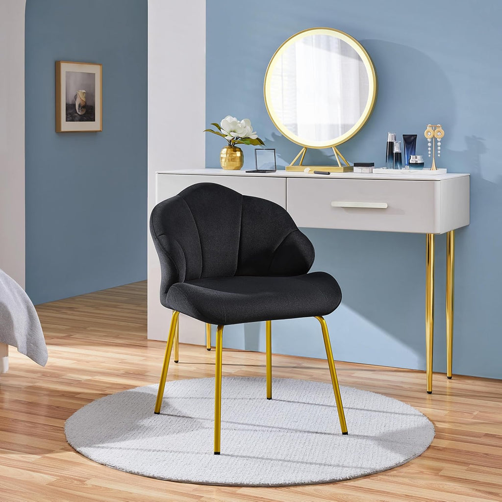 Yaheetech Flower Shape Vanity Chair with Petal Armrests, Black | Velvet Makeup Chair no Wheels with Golden Metal Legs, Modern Side Armchair with Back for Living Room/Bedroom/Home Office