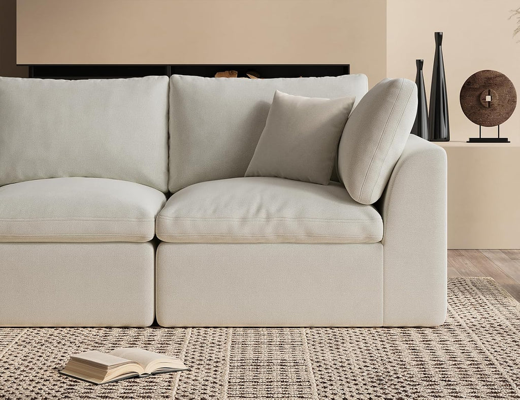 ohllob 110" Cloud Sectional Couches for Living Room, Convertible L-Shape Couch with Ottoman, 3 Seater Modular Sectional Sofa, Warm White