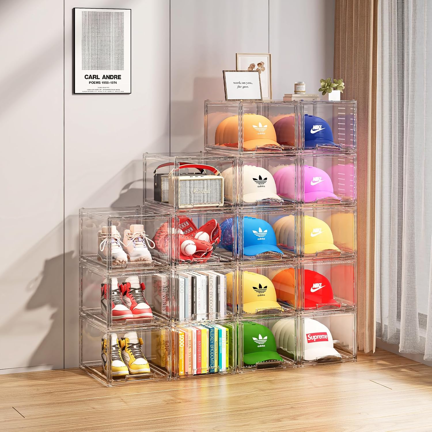2 Pack Hat Organizer Box for Baseball Caps Organizer, Hat Organizer Box with Sliding Drawer, Hat Holder Storage Organizer, Clear Drawer Stackable for Hats Snapback Cap Storage