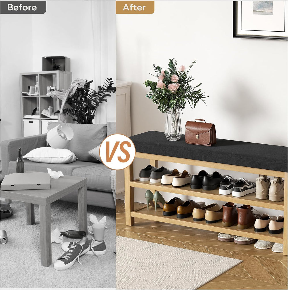 2 Tier Shoe Rack Bench with Cushion, Rubberwood Shoe Benches, Mid-Century Mod...