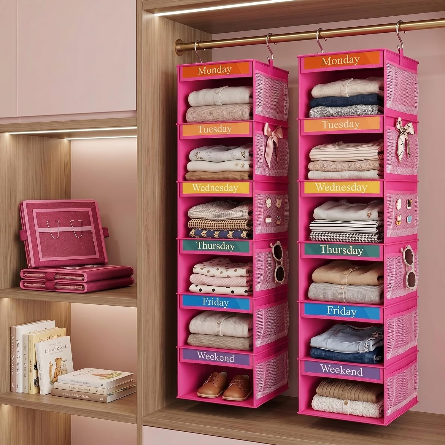 2 Pcs 6 Shelf Hanging Weekly Clothes Organizer for Kid,Rose Red | Closet Organization, Hanging Closet Shelves with Side Pockets, Labeled Shelves with Days of The Week Monday Through Weekend