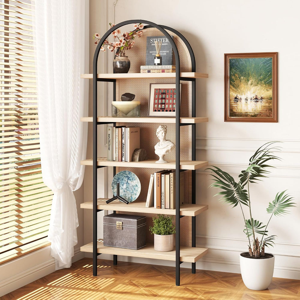Yusong Bookshelf Rattan 5 Tier Arched Bookcase, 74" Tall Industrial Open...