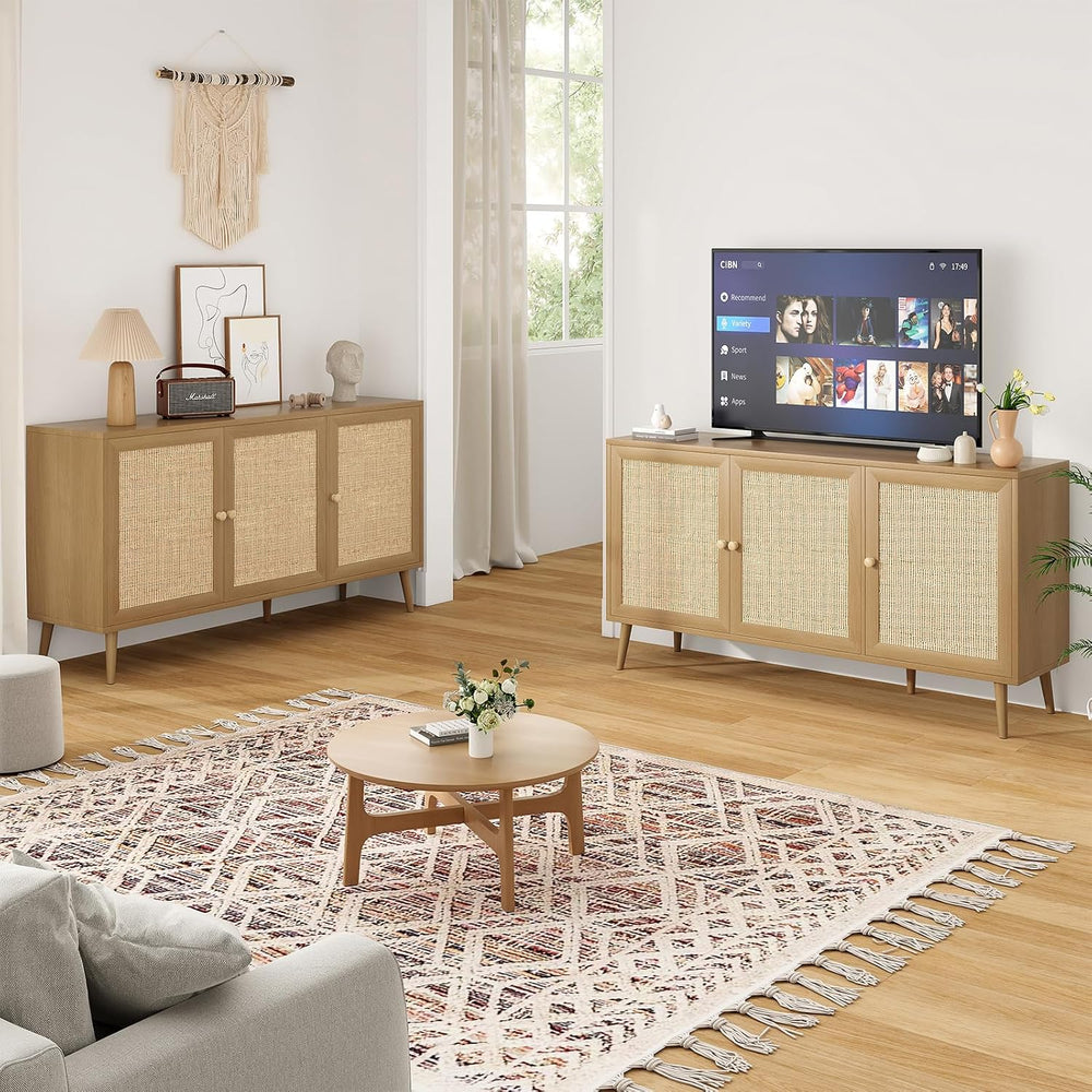 Farini 59.1" Buffet Cabinet with 3 Rattan Doors,Kitchen Sideboard for Di...