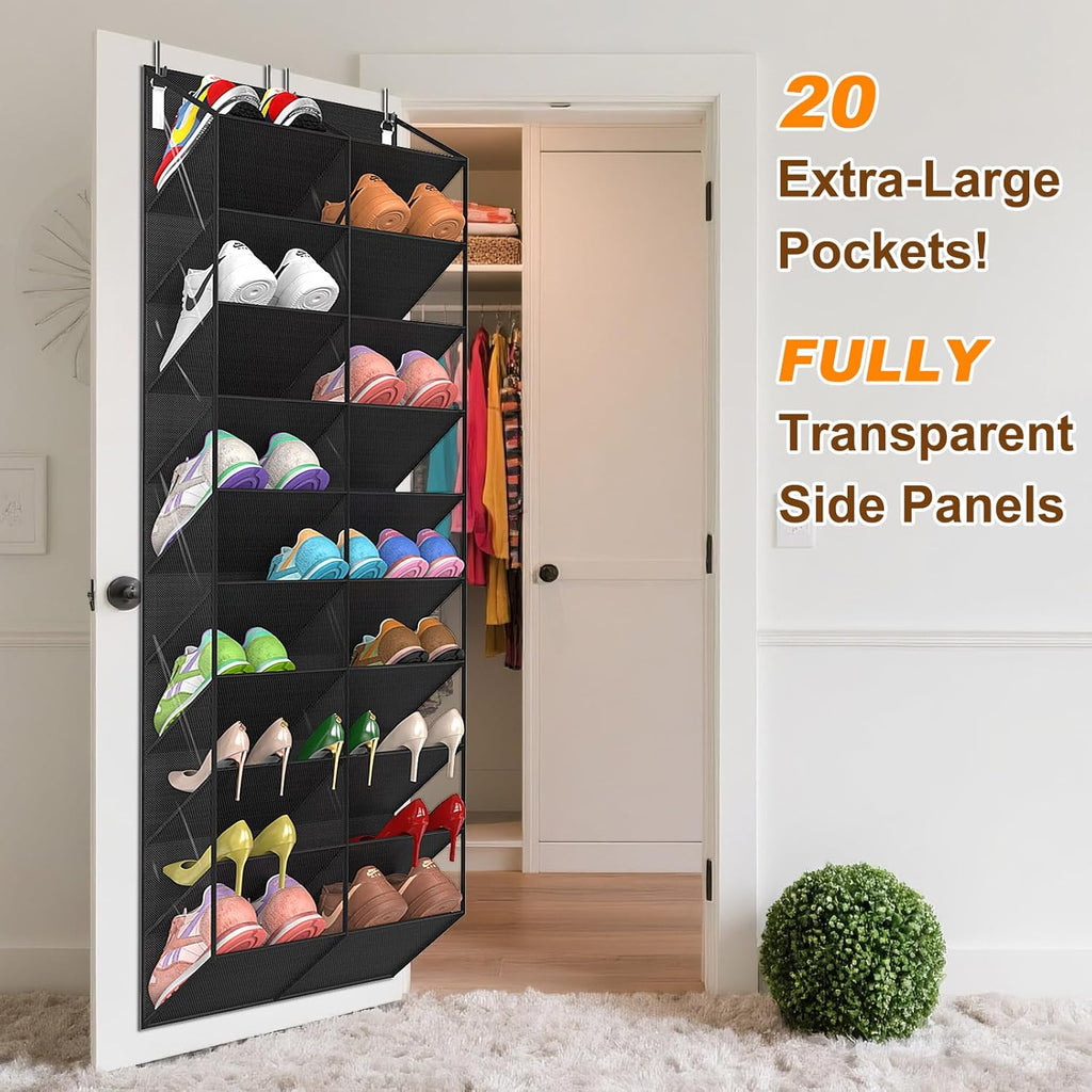 UVIAHOMI 20-30 Pairs Over the Door Shoe Organizer, Clear Pockets Hanging Shoe Storage for Closet, 10-Tier Door Shoes Rack, Handing Shoes Holder Fit All the Family's Sneakers, Boots, Heels, Black