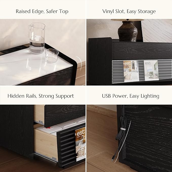 POVISON Fully-Assembled Mid Century Glossy Sintered Stone TV Stand, 78.74" Wood Media Console with Adjustable LED Light, Entertainment Center with Storage for Living Room
