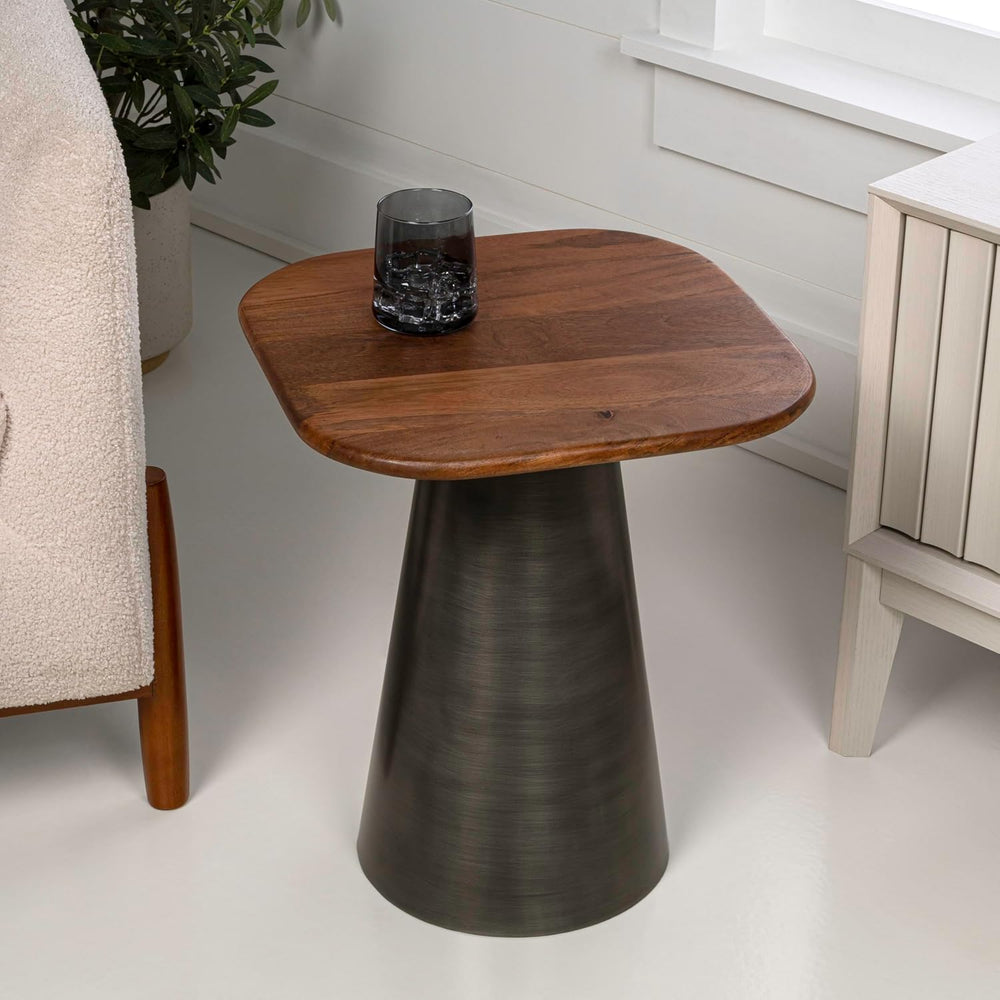 JONATHAN Y Skye Industrial Solid Mango Wood Square End Table with Tapered Met...