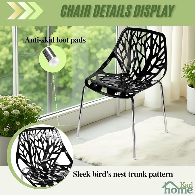 Karl home Modern Black Dining Chairs Set of 4, Stackable Plastic Chair for Dining Room, Living Room, Waiting Room,4 Chrome Metal Legs, 350lbs Capacity,21.3”L x 21.3”W x 33.5" H