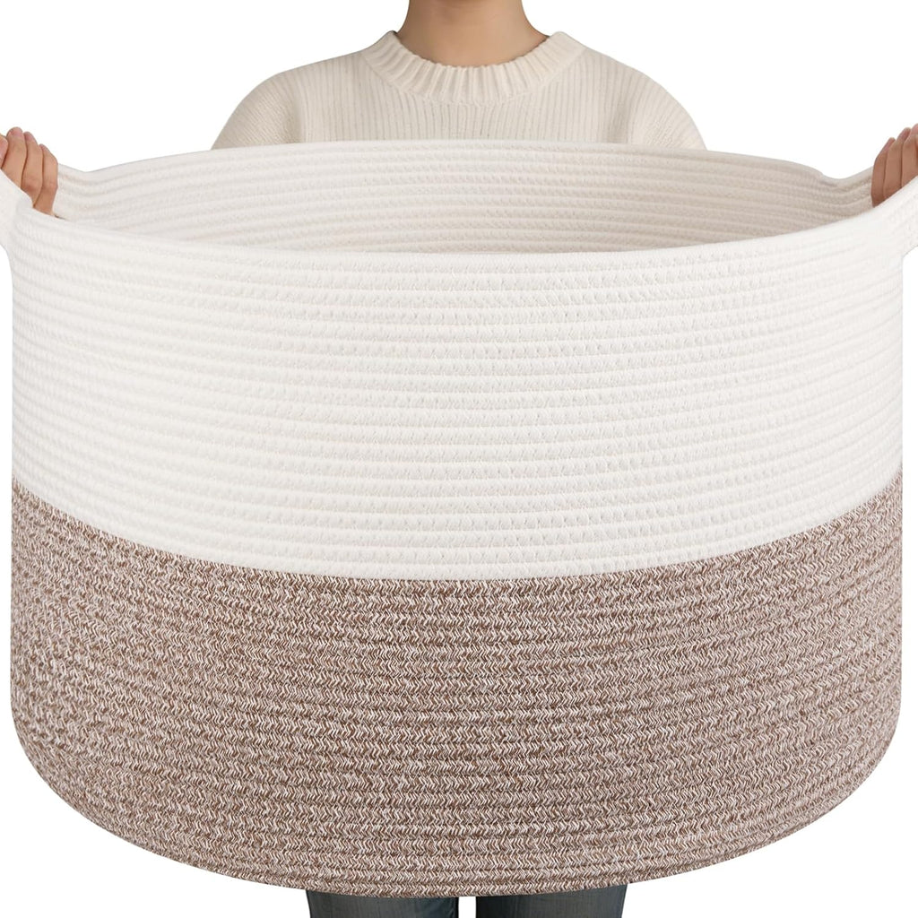 OIAHOMY 90L XXXLarge Blanket Basket for Living Room, 21.7" x 13.8" Woven Cotton Rope Laundry Basket for Organizing Pillows, Decorative Stuffed Animal Toy Storage for Nursery, White and Linen Brown