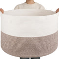 OIAHOMY 90L XXXLarge Blanket Basket for Living Room, 21.7" x 13.8" Woven Cotton Rope Laundry Basket for Organizing Pillows, Decorative Stuffed Animal Toy Storage for Nursery, White and Linen Brown