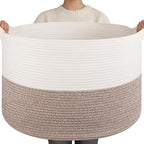 OIAHOMY 90L XXXLarge Blanket Basket for Living Room, 21.7" x 13.8" Woven Cotton Rope Laundry Basket for Organizing Pillows, Decorative Stuffed Animal Toy Storage for Nursery, White and Linen Brown