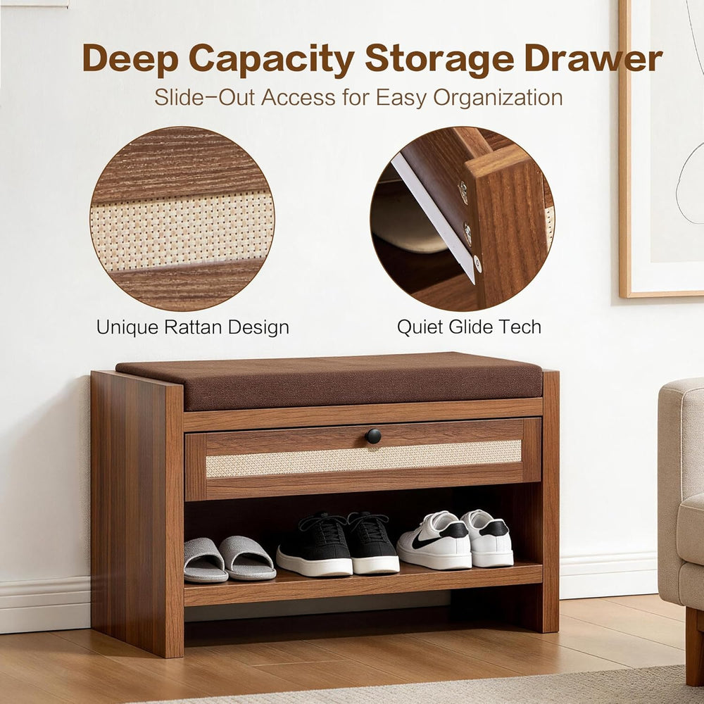VipDesk Rattan Shoe Bench with Storage Drawer and Cushion Seat, Walnut Wood E...