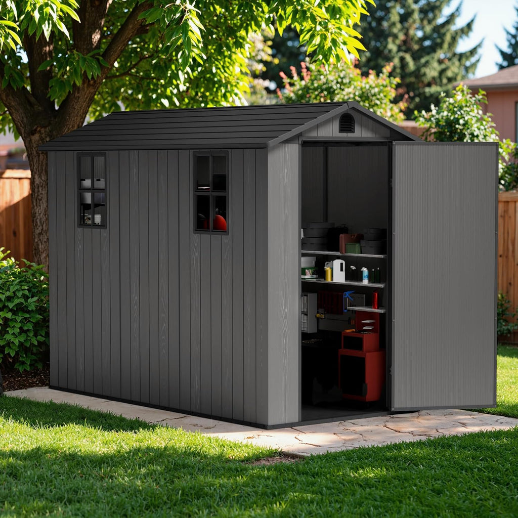 Greesum 4x8FT Plastic Outdoor Storage Shed with Floor, Resin Storaged Sheds with Lockable Door, Window & Vent, All-Weather Tool Sheds for Garden, Backyard, Patio, Dark Gray (One-Piece Panel)