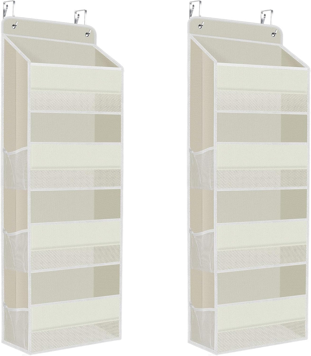 2 Pack Over The Door Organizer, Hanging Storage Organizer with Clear Window, 40lb Ultra Sturdy Large Capacity Room Organizer for Pantry Laundry Bathroom Nursery Closet (Beige)