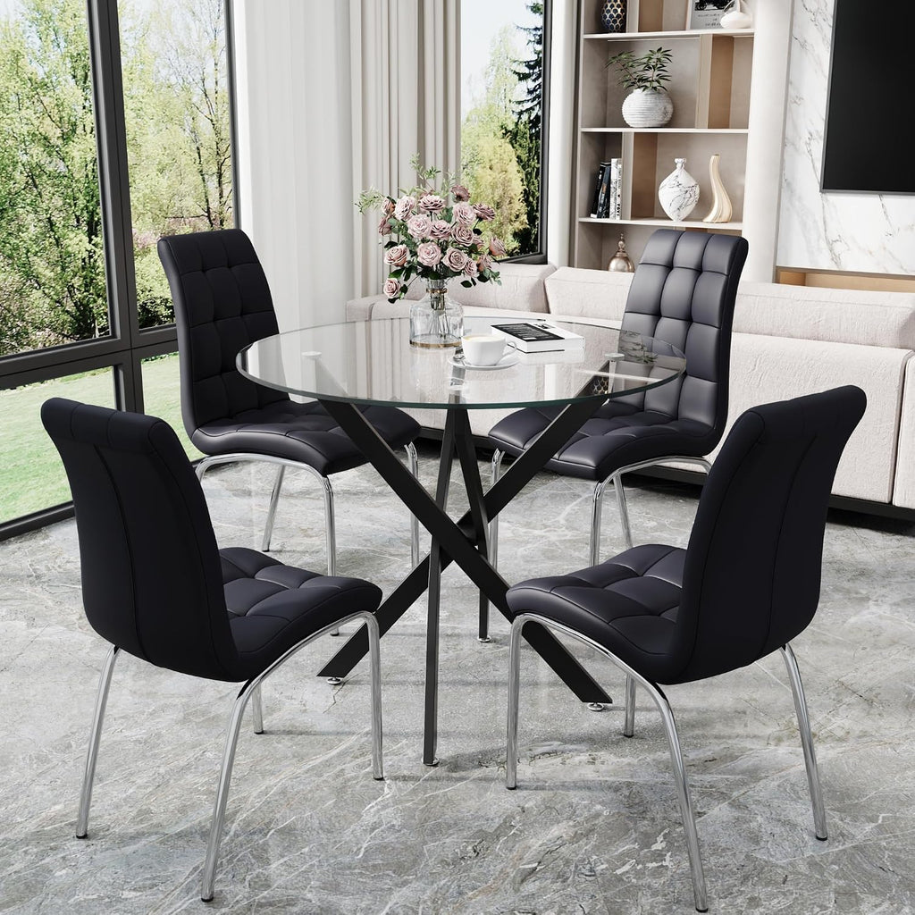 36” Round Glass Dining Table Set for 4, Space-Saving Clear Glass Kitchen Table with Black Metal X Legs and 4 PU Leather Dining Chairs with Silver Legs, Small Dining Set for Apartment & Bistro