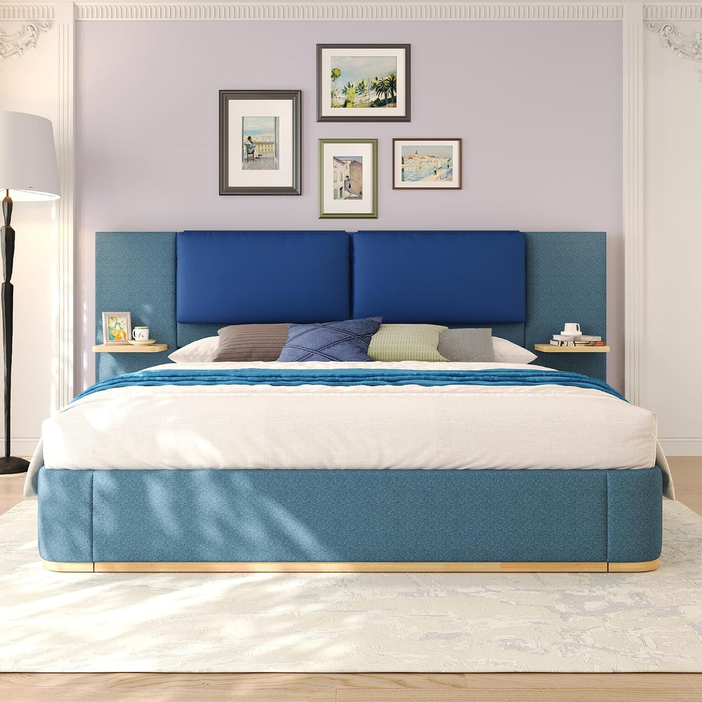 Peanu Queen Bed Frame, Upholstered Panel Headboard, Blue Finish