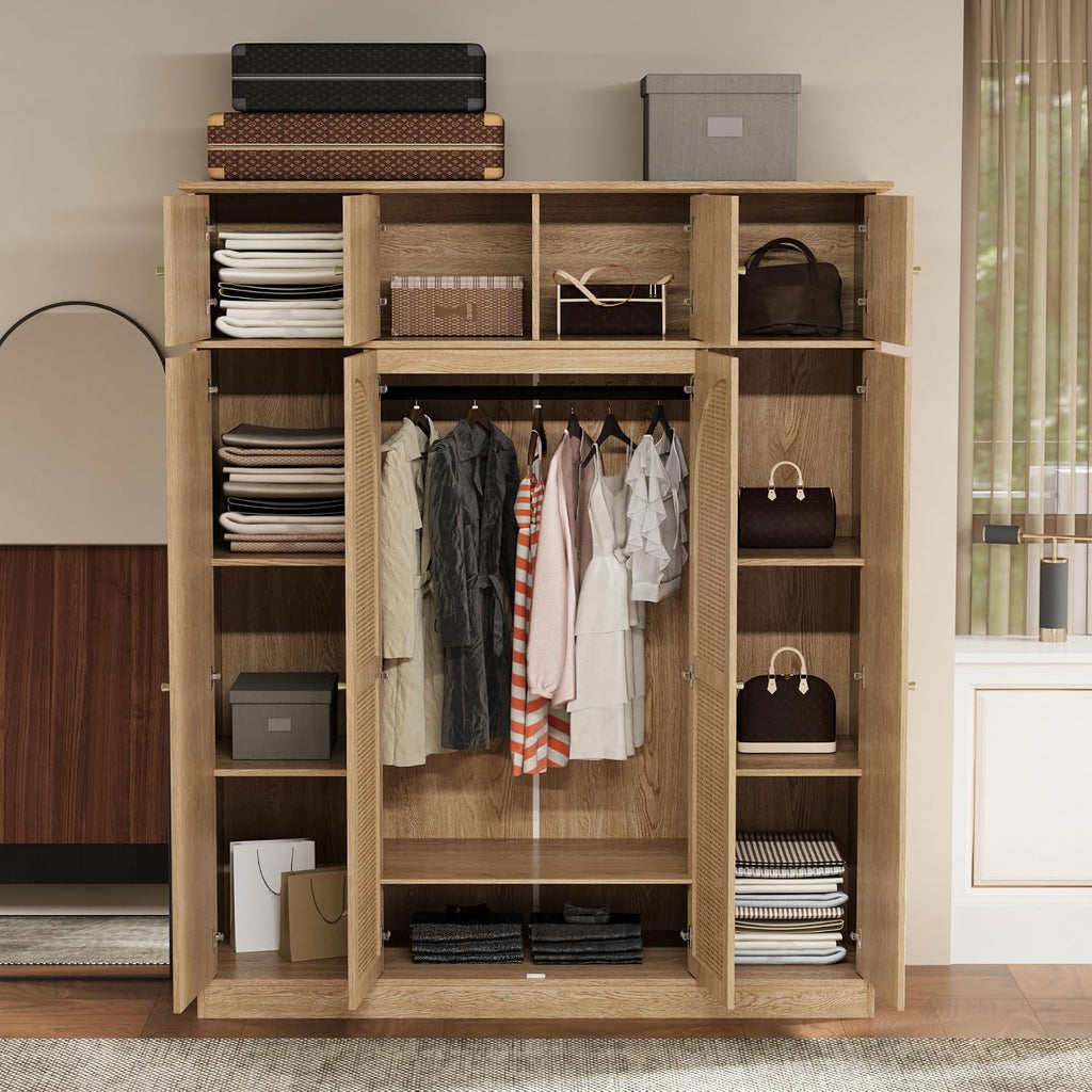 4 Doors Large Armoire Wardrobe Closet with Rattan Doors, 70.87" Tall Freestanding Wooden Closet Wardrobe Cabinet with Hanging Rod and Adjustable Shelves, Clothing Storage Cabinet for Bedroom, Natural