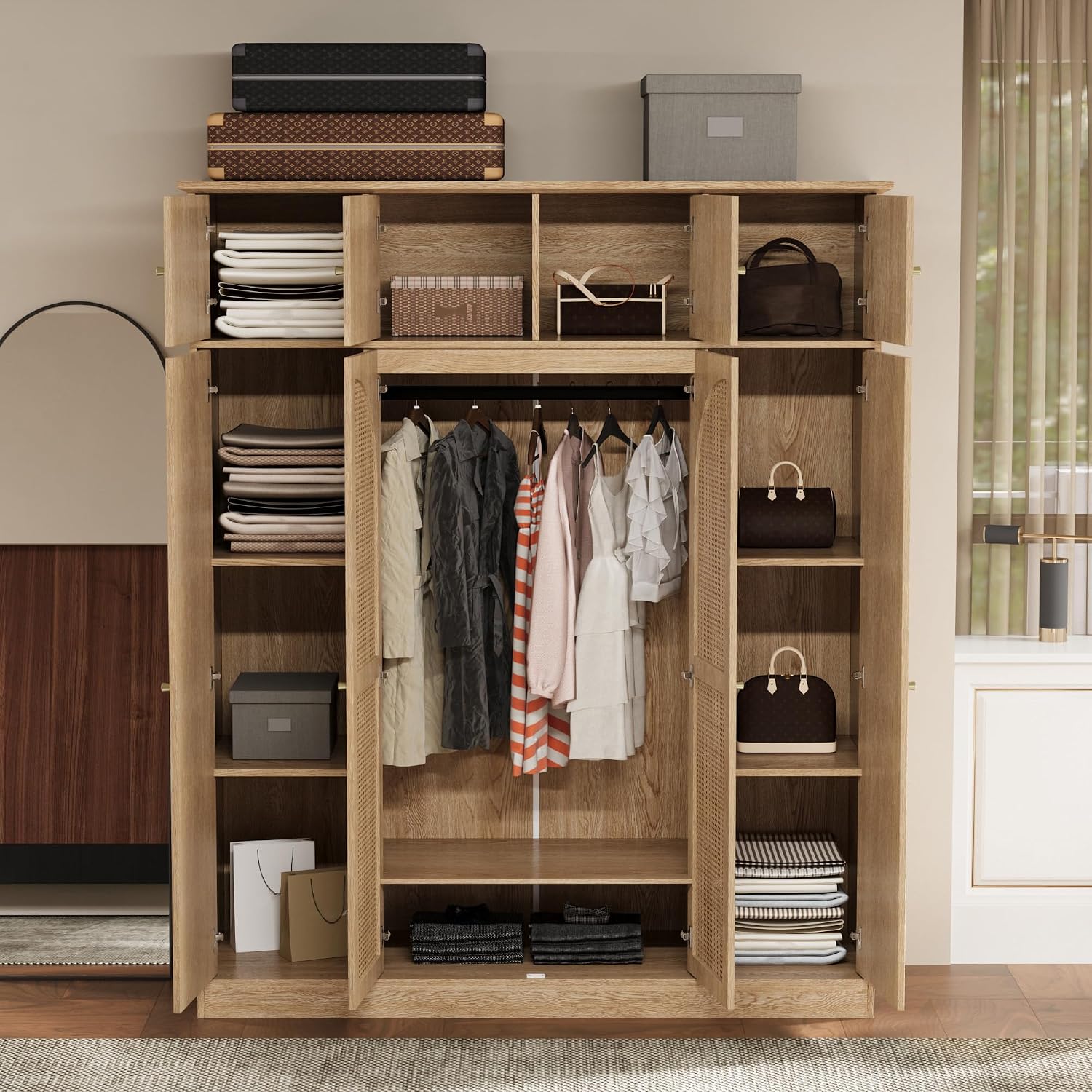 4 Doors Large Armoire Wardrobe Closet with Rattan Doors, 70.87" Tall Freestanding Wooden Closet Wardrobe Cabinet with Hanging Rod and Adjustable Shelves, Clothing Storage Cabinet for Bedroom, Natural