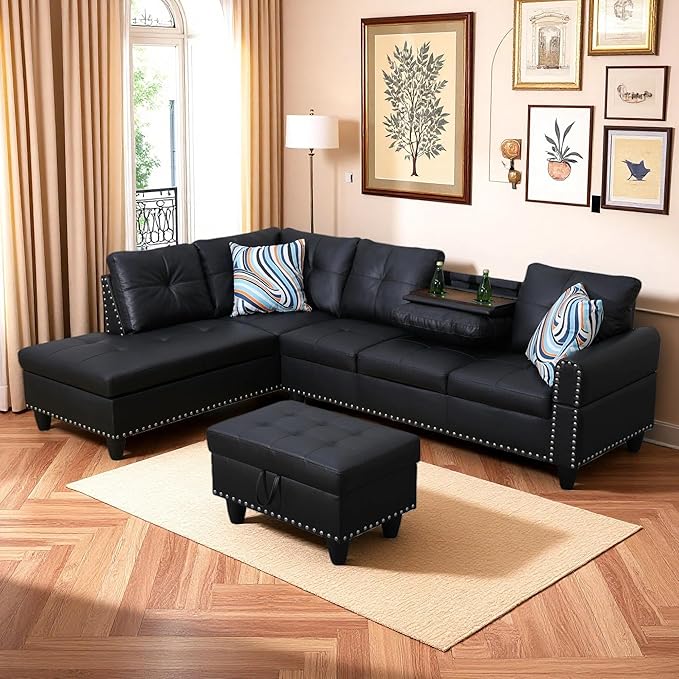 Leather 3-Piece L-Shaped Couches for Living Room, Sectional Sofa with Storage Ottoman & Movable Chaise, Modular Convertible Couch for Bedroom & Apartment, Deep Black