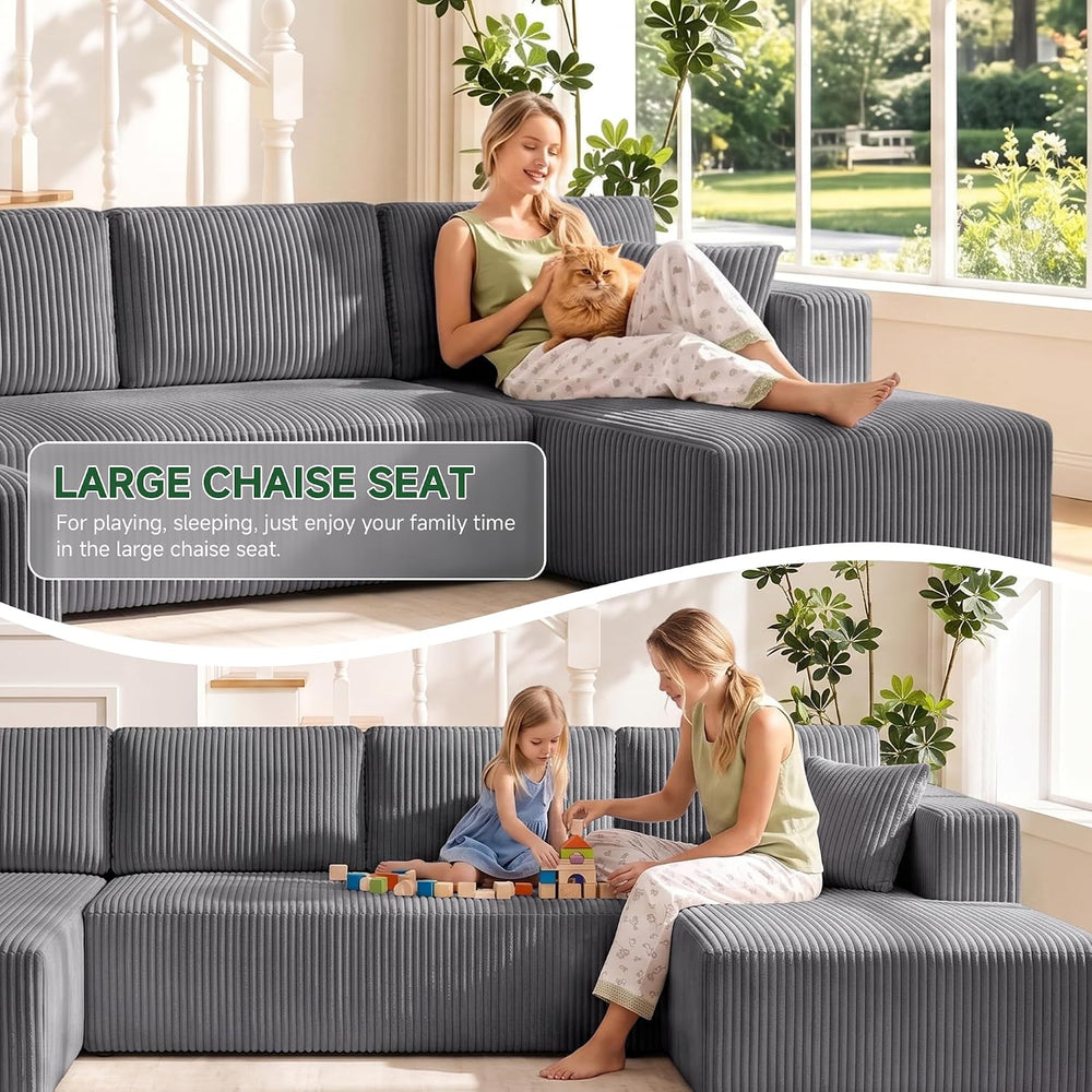 130" Couch U-Shaped Sectional Sofa, Grey | Corduroy Cloud Couch with Dou...