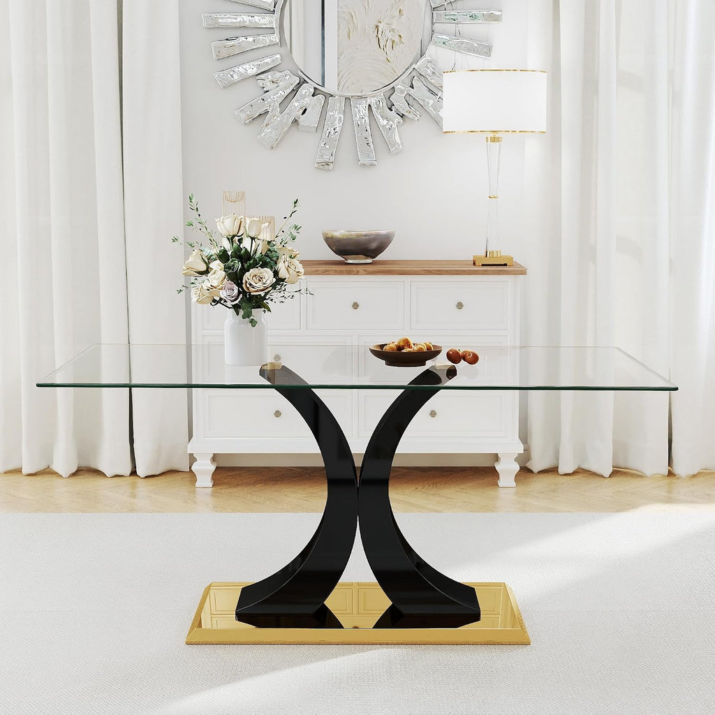 Modern Luxury Glass Dining Table for 4-6, 63'' Clear Tempered Glass Top Dinette Table, Minimalism Large Apartment Rectangle Kitchen Table with Black MDF & Gold Stainless Steel Base