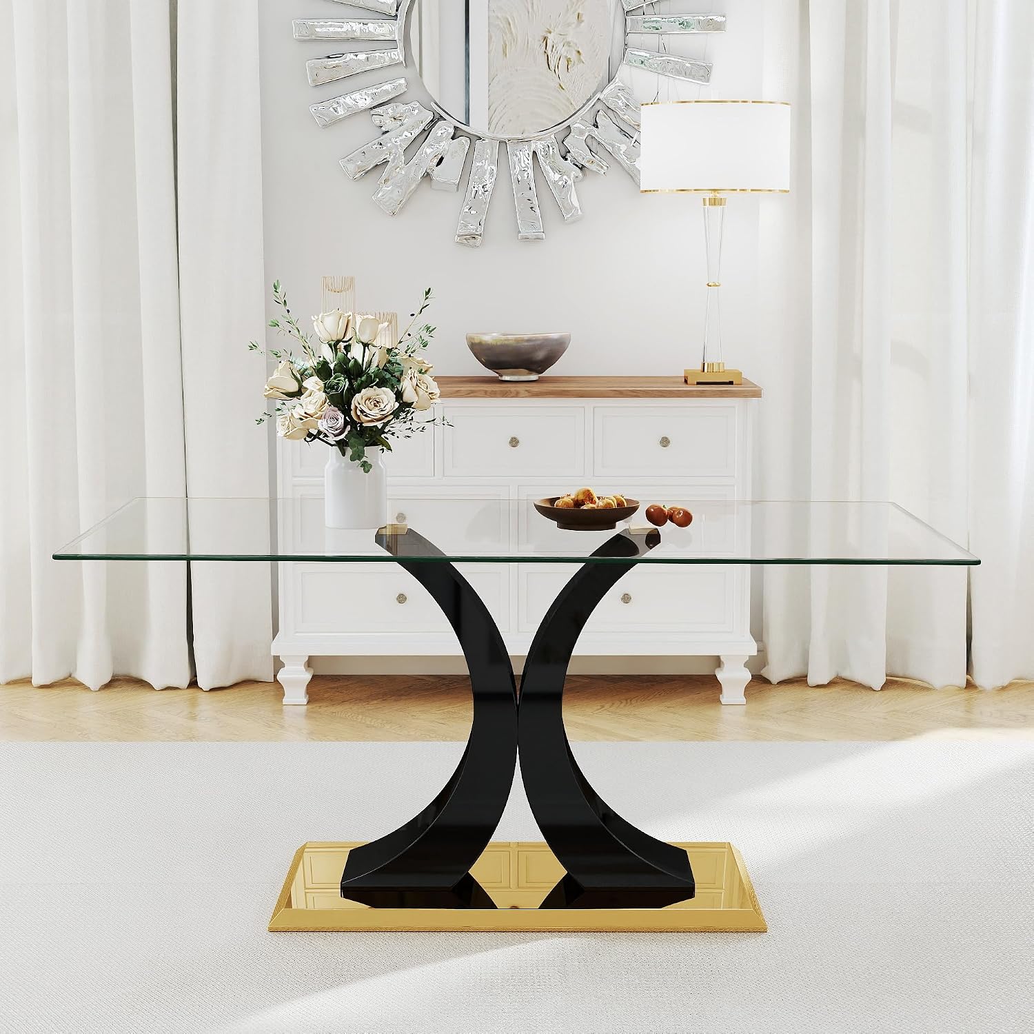 Modern Luxury Glass Dining Table for 4-6, 63'' Clear Tempered Glass Top Dinette Table, Minimalism Large Apartment Rectangle Kitchen Table with Black MDF & Gold Stainless Steel Base