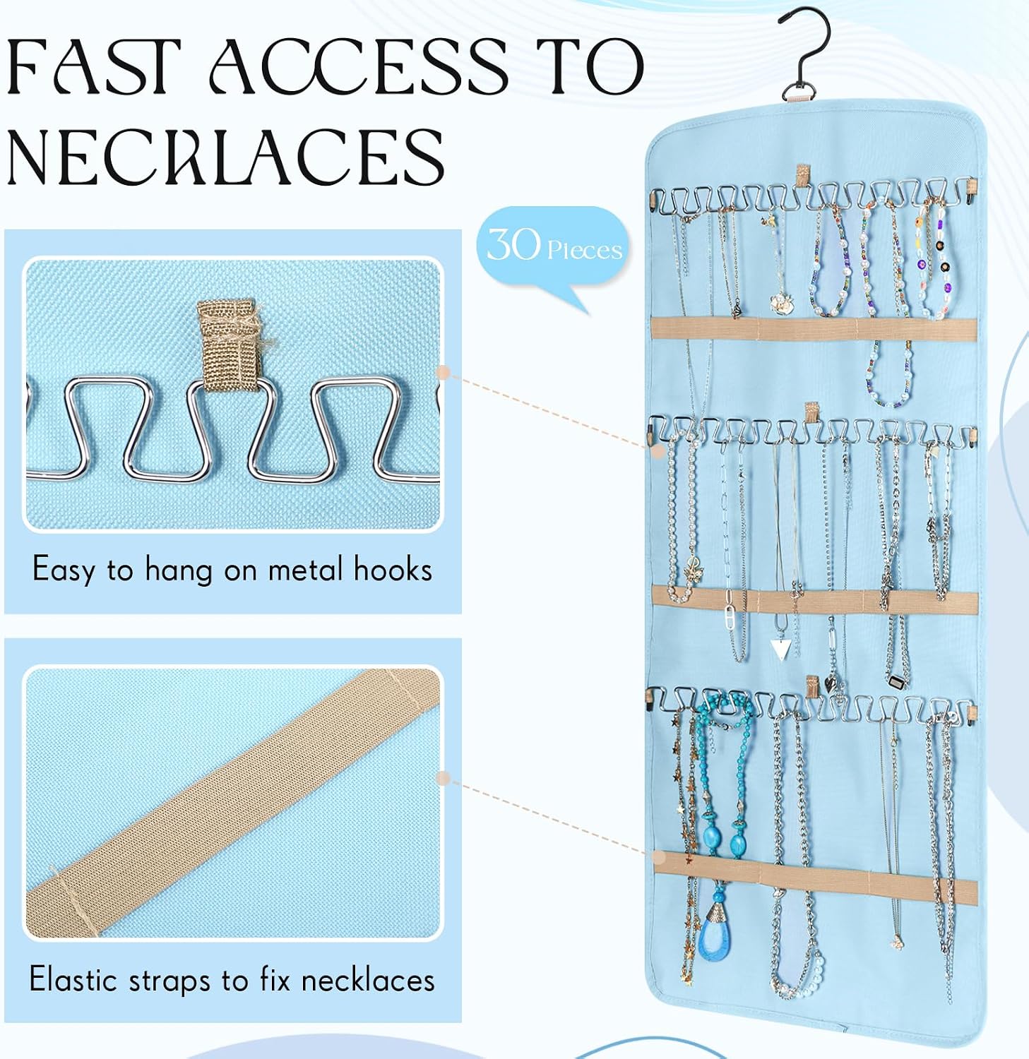 2 Pack Hanging Jewelry Organizer Storage with 39 Pockets, 30 Necklace Hooks Double Sided Wall Mount Earring Holder Organizer Bracelet Necklace Jewelry Display Hanger for Closet Door (Blue)