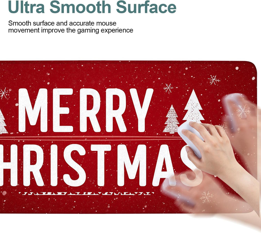 Merry Christmas Gaming Mouse Pad 35.4"x15.7"Desk Mat Anti-Slip Rubber Base & Durable Stitched Edges for Gamers Smooth Mouse Writing Surface for Desk Office/Home