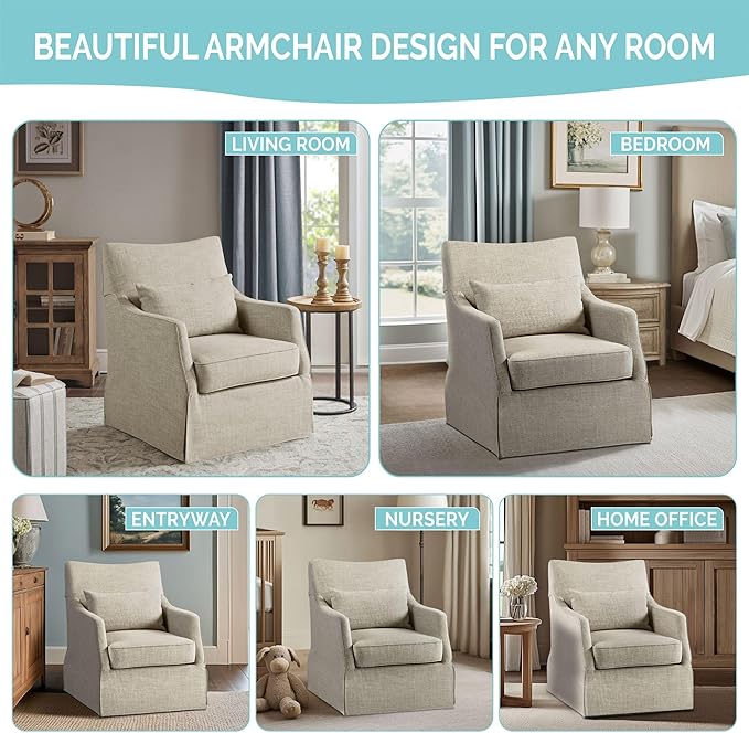 Martha Stewart London Swivel Chair - Solid Wood & Plywood, Skirted Metal Base Accent Armchair, Lumbar Pillow -Modern Classic Family Room Sofa Furniture Bedroom Lounge, 28"X31.5"X35.25", Light Blue