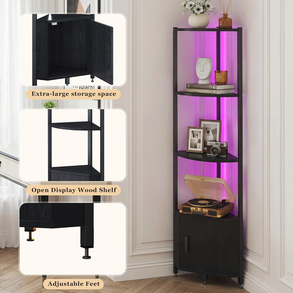 Corner Shelf with Storage, LED Lights 6-Tier Corner Bookshelf, 66'' O...