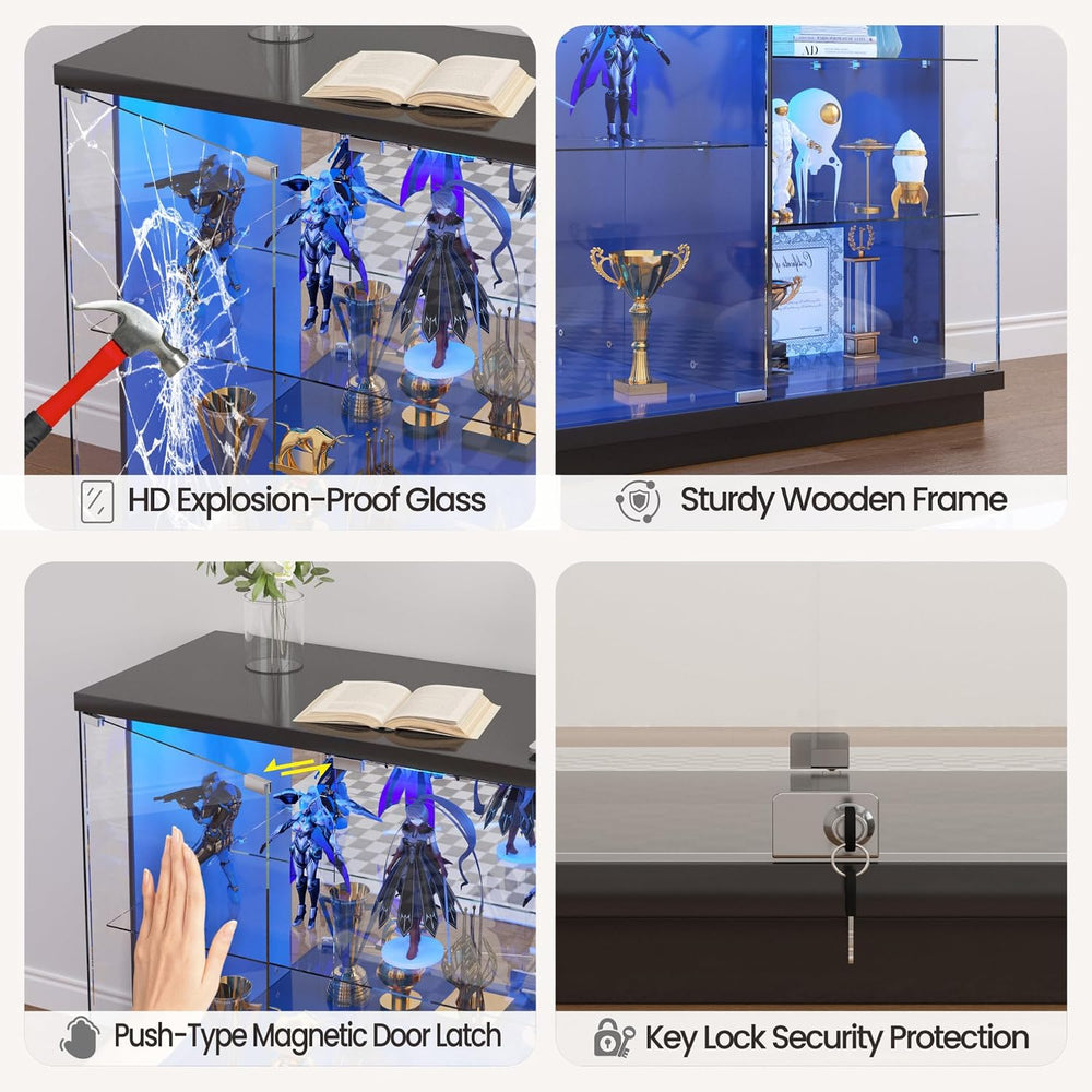Gurexl 47.2" W Glass Display Cabinet with 3-Color LED Lights, 5-Tier Loc...