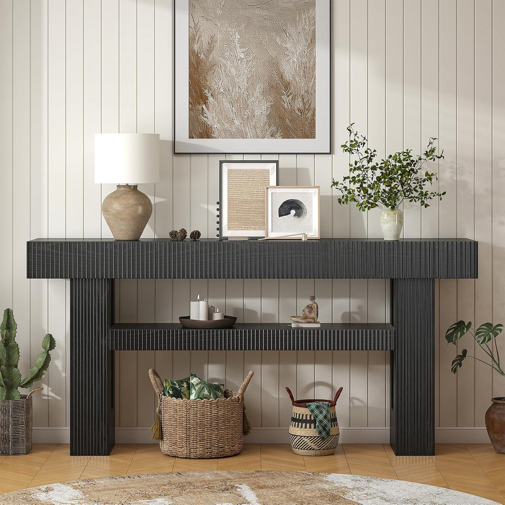 Bigbiglife 63" Fluted Console Table, Black | 2-Tier with Storage Shelves...