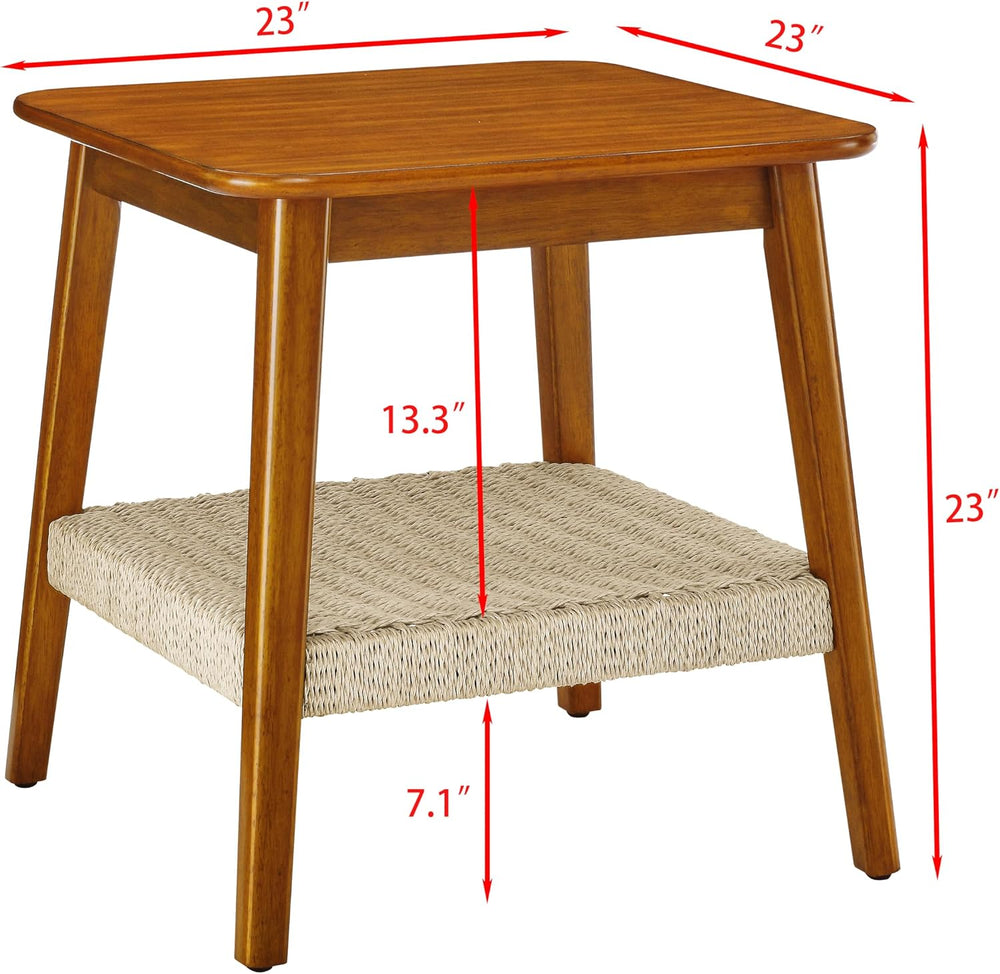 Boho Side Table with Woven Shelf and Storage, Mid-Century Design for Bedside,...