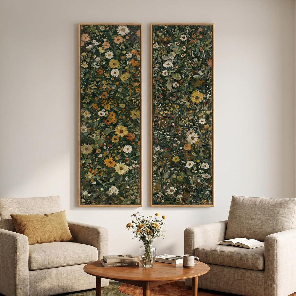 Large Framed Vintage Long Narrow Floral Wall Art for Living Room, 60x20 In