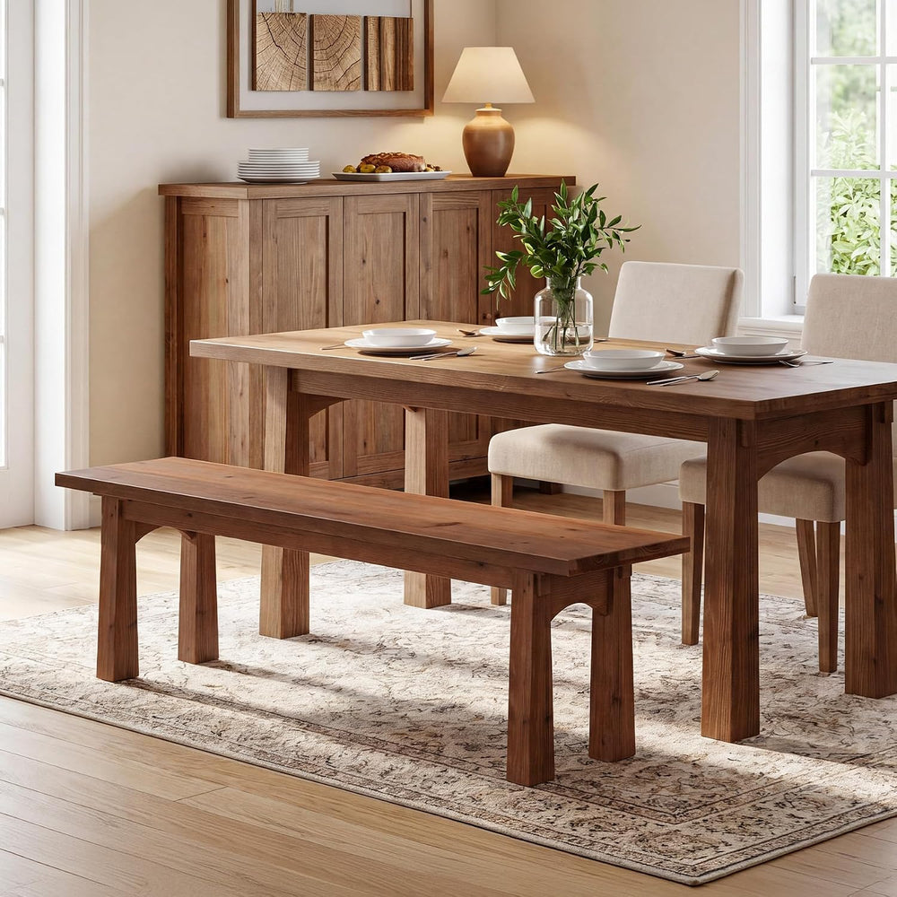 TRIBEWOOD 55 Inch Solid Wood Dining Bench, Entryway Bench, Rustic Brown | Sol...