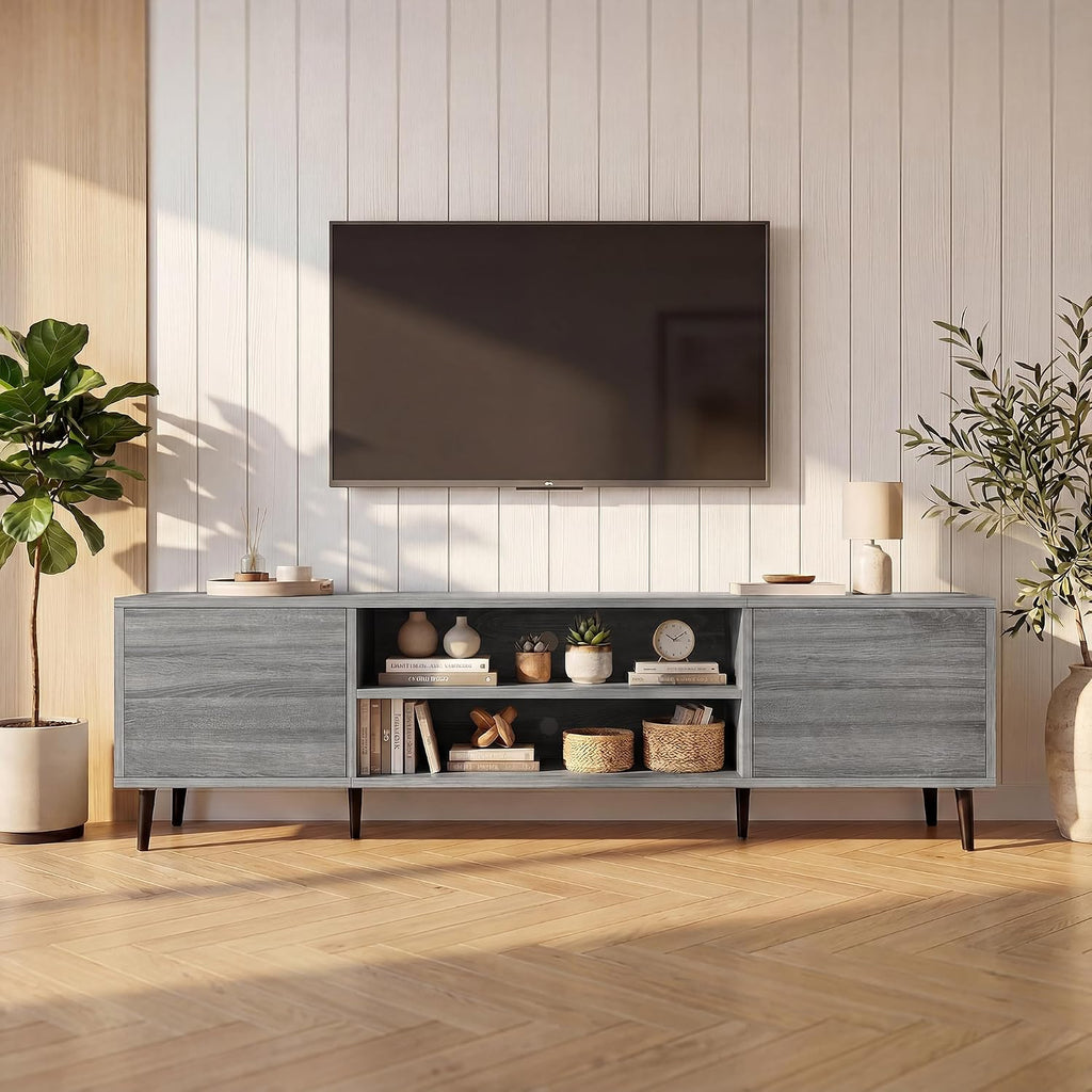 JUMMICO Mid-Century Modern TV Stand for 65-70 Inch TVs, 63 Inch Media Console with Storage, Entertainment Center with Push-Open Cabinets and Cable Management for Living Room (Grey, 63 Inches)