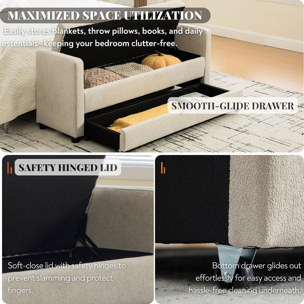 58.3" 2-Tier Storage Bench Upholstered with Drawer, Griege. | End of Bed Bench, 2-Tier Storage King Size Bench Upholstered for Bedroom, Cloakroom, Entryway, Hallway, Window.
