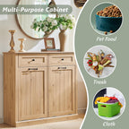 Double Tilt Out Trash Cabinet, 20 Gallon Farmhouse Laundry Hamper Cabinet with 2 Drawers, Hidden Wooden Trash Can Cabinets with Storage Basket for Kitchen, Living Room (Natural)