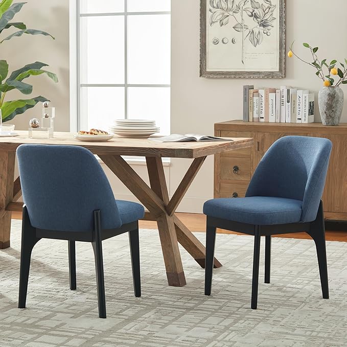 VKNOW Wooden Dining Chairs Set of 2, Upholstered Dining Room Chairs with Rubberwood Legs and Padded Seats, Kitchen Chairs for Restaurant Kitchen Living Room, Blue