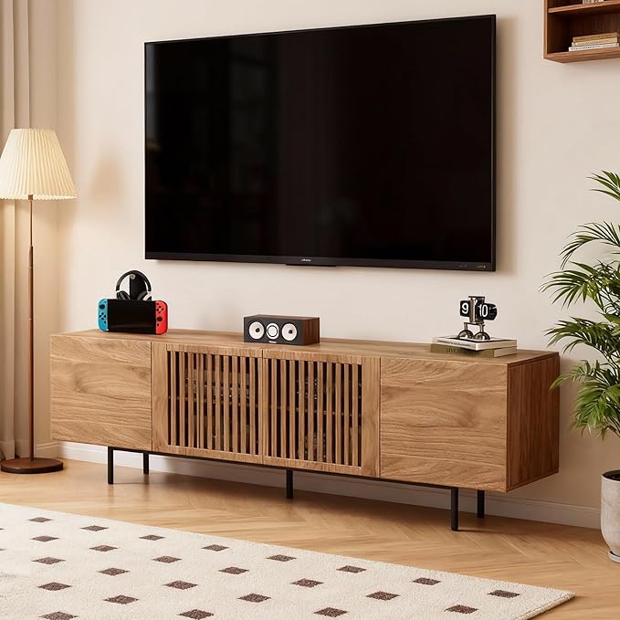 70.87" Mid-Century Modern TV Stand, Entertainment Center with 4 Storage Cabinets, Media Console Table for Living Room & Bedroom,Walnut