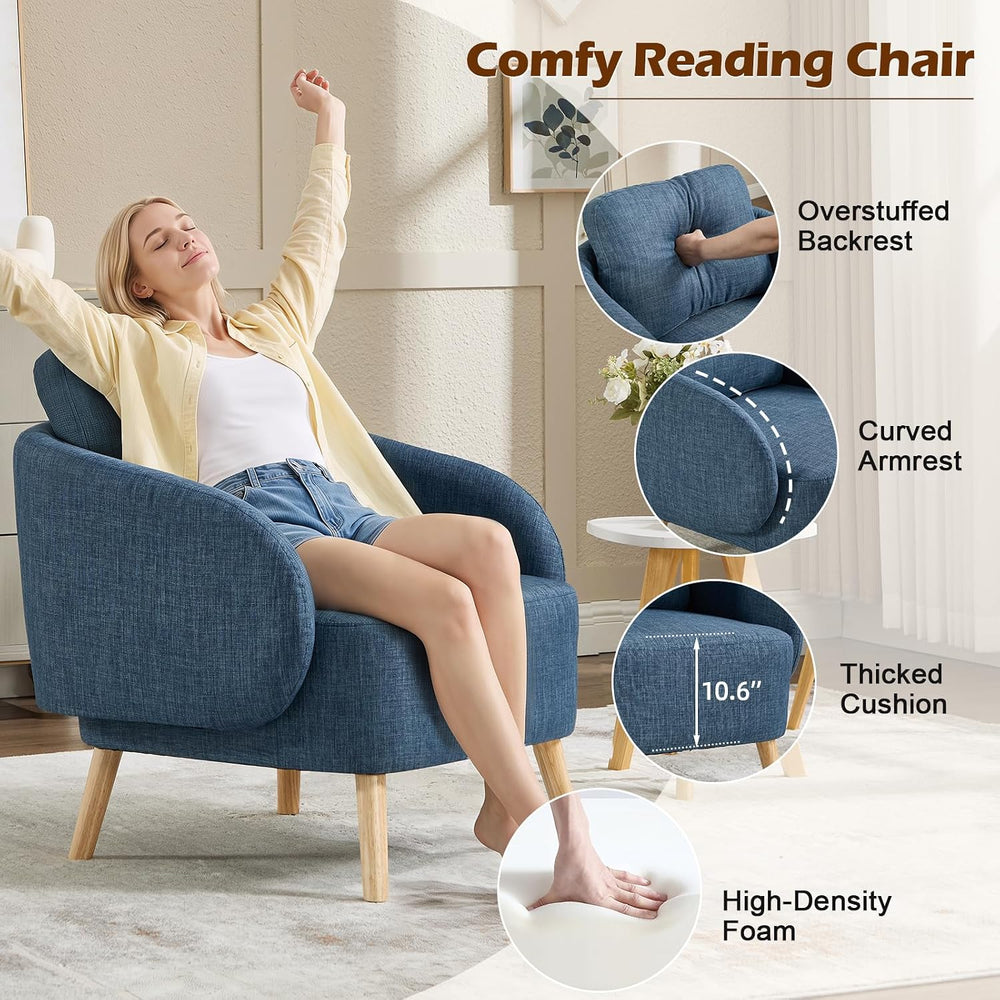 ANJ Premium Linen Accent Chair with Curved Arms, Mid-Century Modern Upholster...