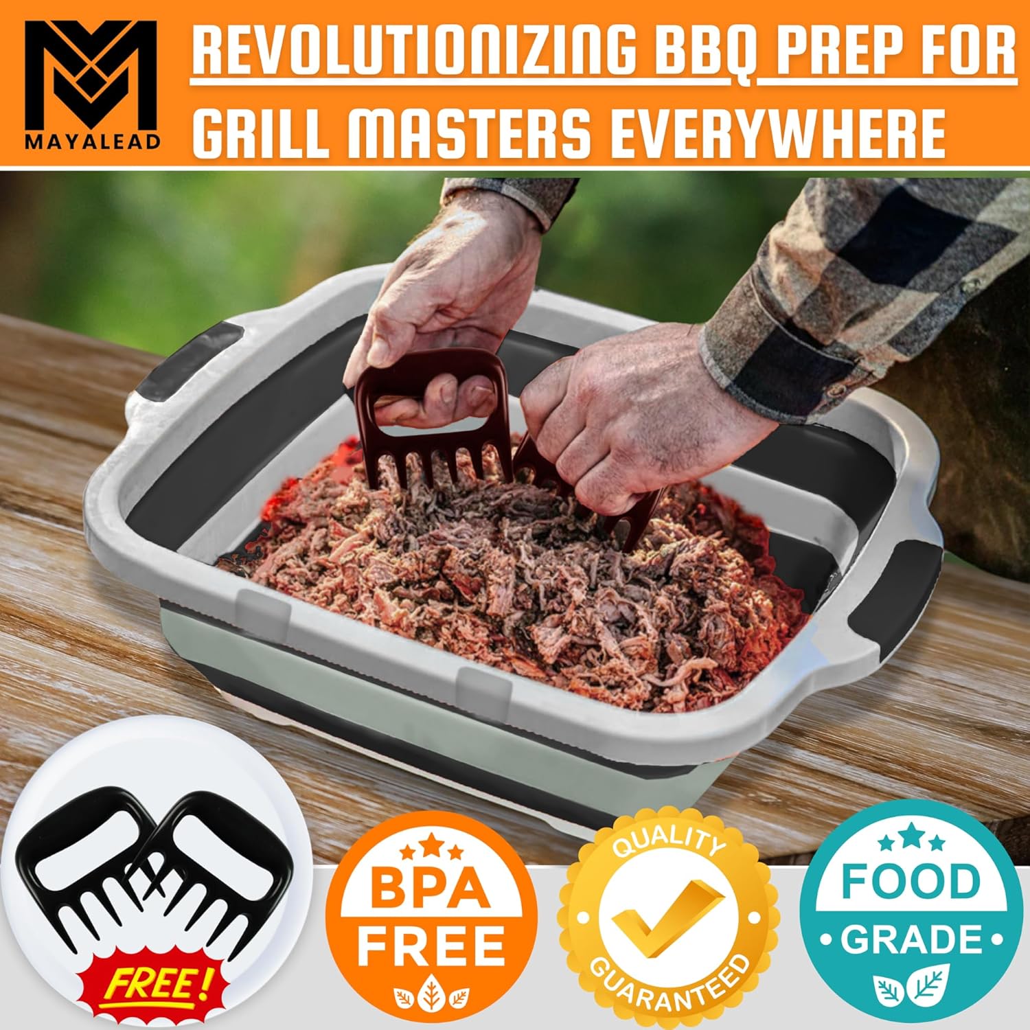 MAYALEAD BBQ Prep Tub with 2 Pcs Meat Shredder Claws, Collapsible Cutting Board, Cutting Board with Locking Lids, Drip Easy BBQ Prep Tub with lid-XL Size (Black)