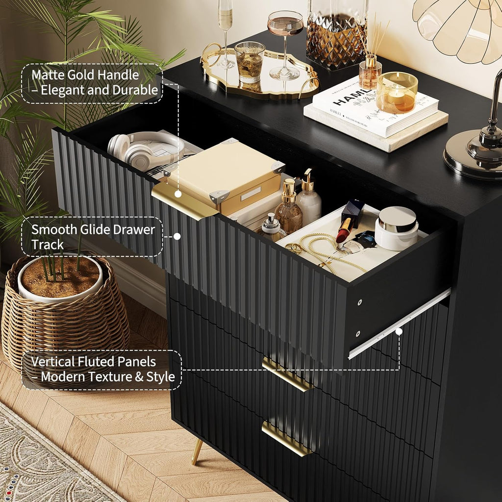 Garvee Fluted Dresser for Bedroom with 5 Drawers,32" Wide Modern Chest of Wooden Bedroom Chest with Metal Handle,Wide Clothes Storage Organizer,Closet Dresser & TV Stand for Living Room,Hallway,Black