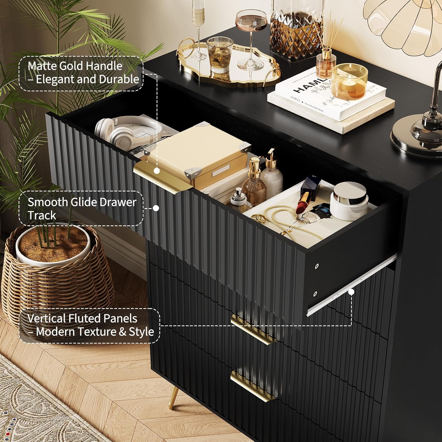 Garvee Fluted Dresser for Bedroom with 5 Drawers,32" Wide Modern Chest of Wooden Bedroom Chest with Metal Handle,Wide Clothes Storage Organizer,Closet Dresser & TV Stand for Living Room,Hallway,Black