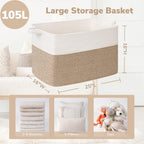 Goodpick 105L Extra Large Cotton Rope Blanket Basket, White & Light Brown | 25 x 16 x 16 in, Reinforced Handles, Living Room, Bedroom & Nursery Organization, Blankets, Toys, Clothes & Pillows Storage