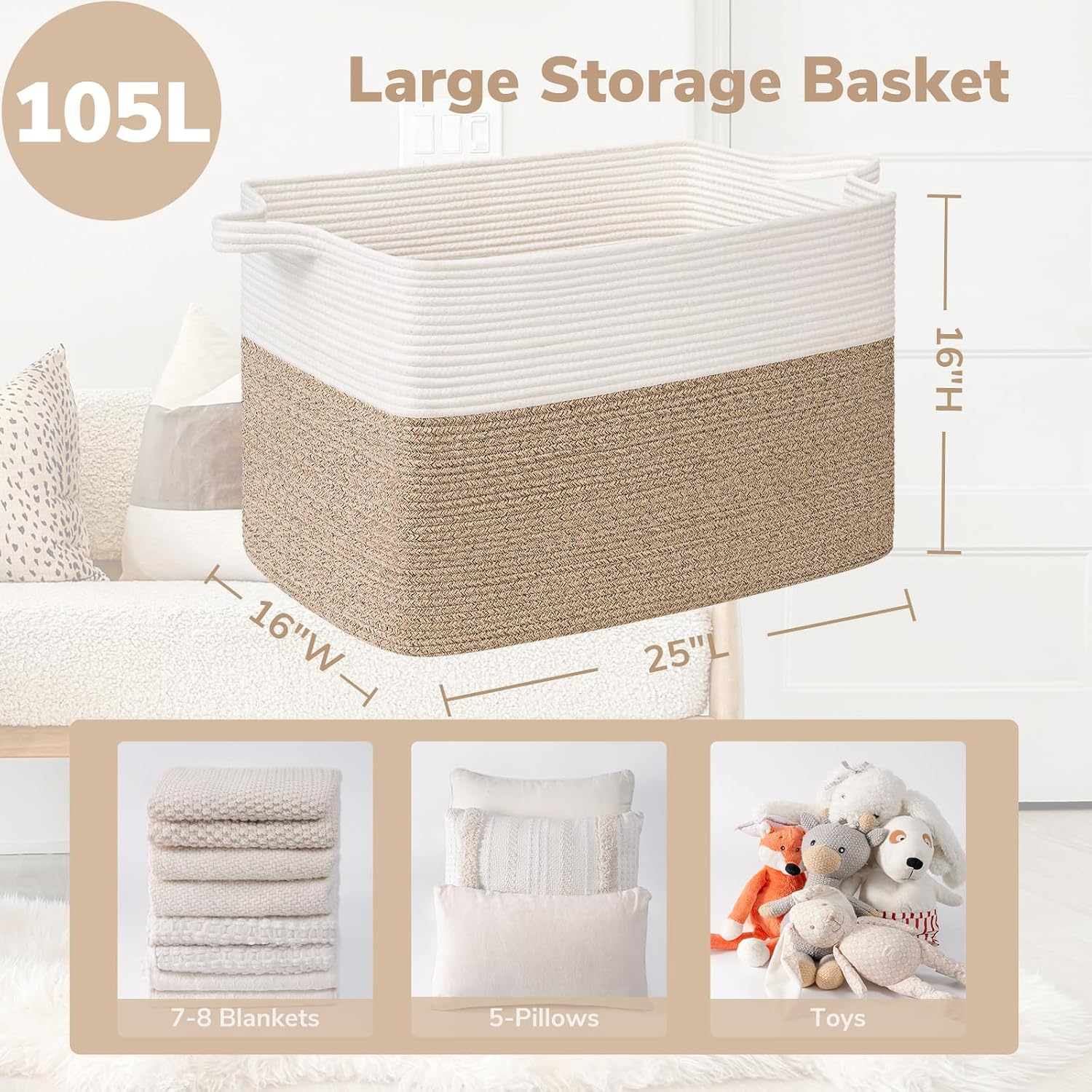 Goodpick 105L Extra Large Cotton Rope Blanket Basket, White & Light Brown | 25 x 16 x 16 in, Reinforced Handles, Living Room, Bedroom & Nursery Organization, Blankets, Toys, Clothes & Pillows Storage