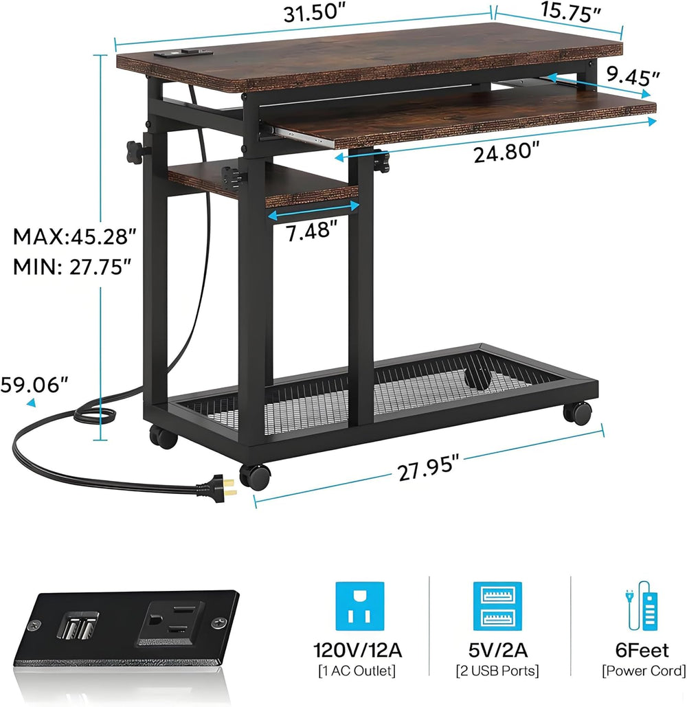 Side Table with Wheels, Mobile C Table,Narrow Desk,Convenient Charging Station