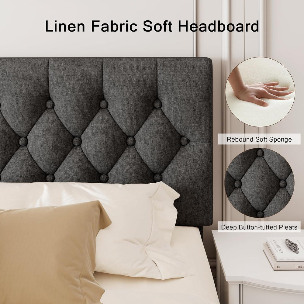 Einhomn King Size Upholstered Bed Frame with Headboard, Tufted Button Linen B...