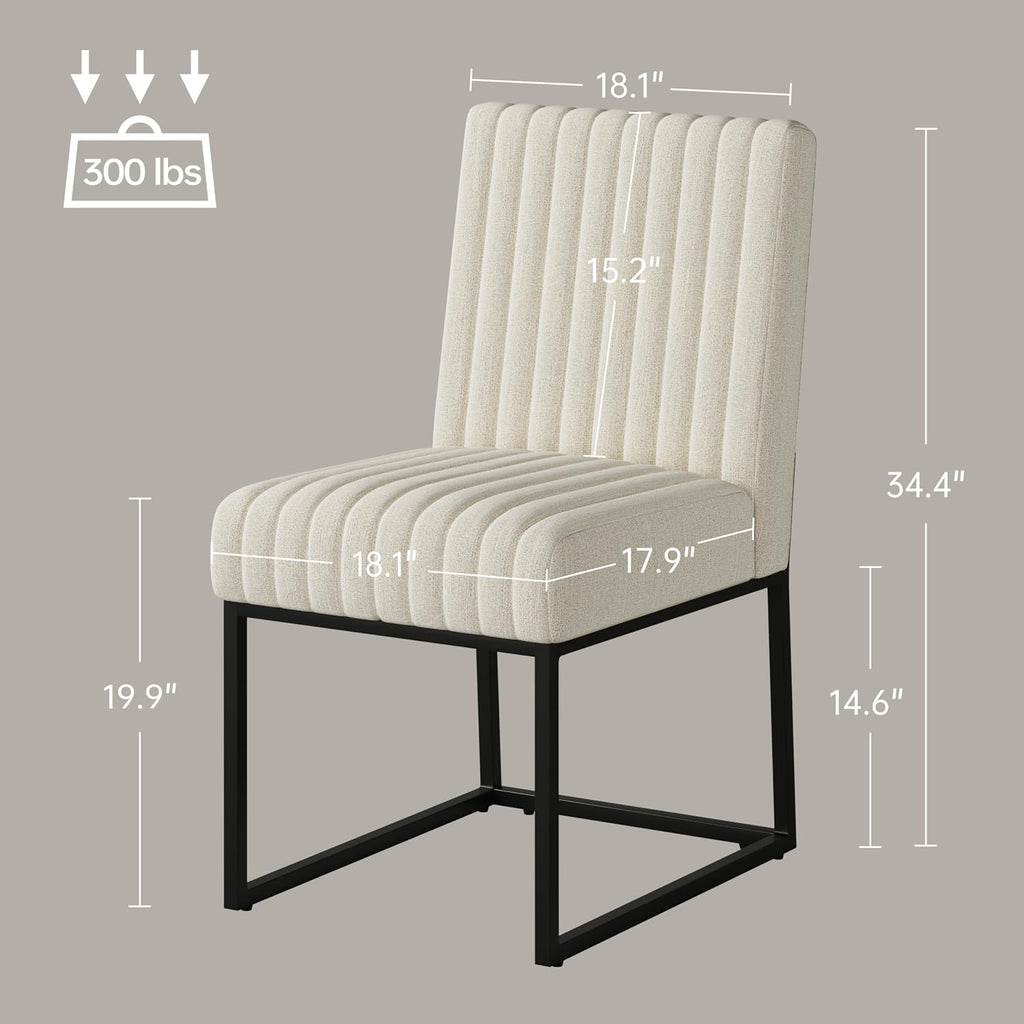 VKNOW Upholstered Dining Chairs, Modern Dining Room Chairs with Stripe, Linen Kitchen Chair Dinner Chair with Black Metal Base for Kitchen, Beige