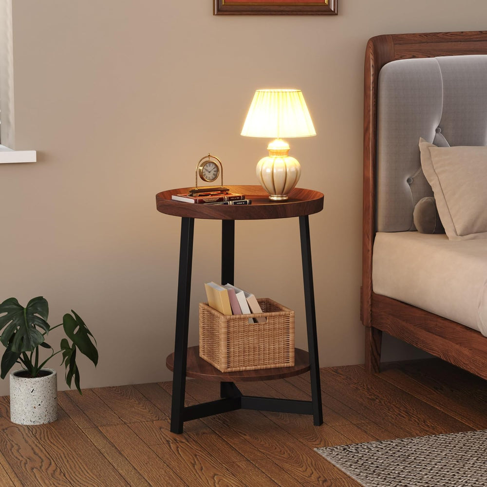 Industrial 2 Tier Round Side Table with Storage Shelf,Accent Tray End Table w...